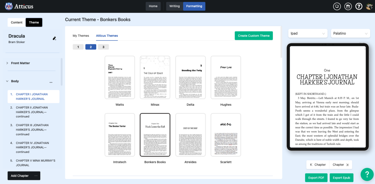 Selecting an ebook format for your book using Atticus' Formatting options