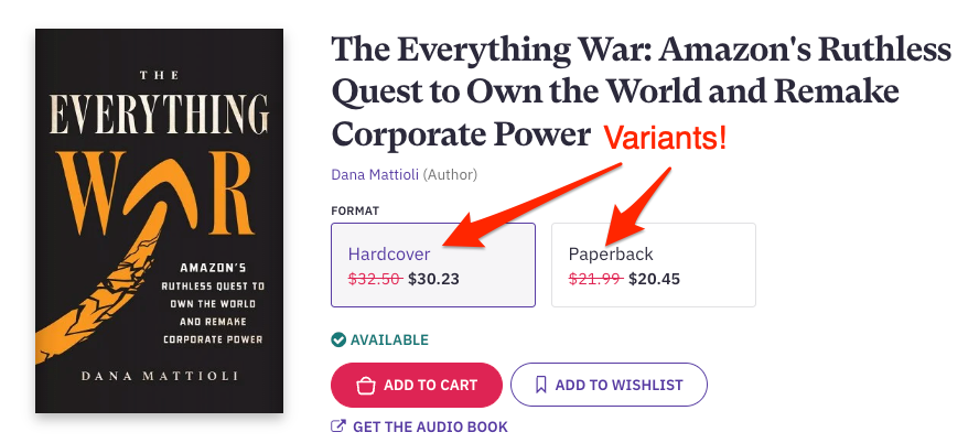 Variant options available for books sold on bookshop.org