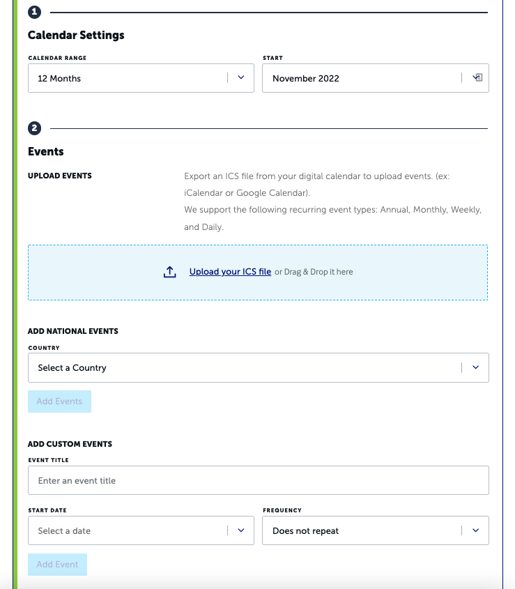 Select the date range and events for your calendar