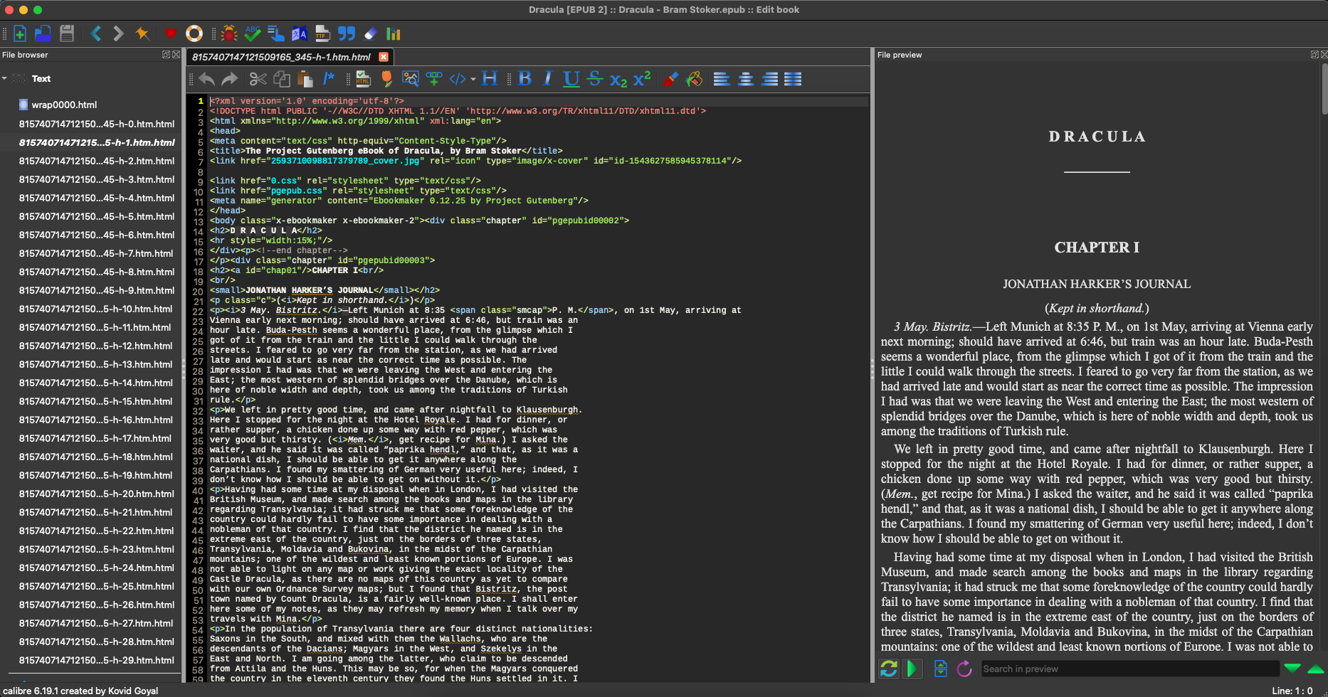 Editing an EPUB with Calibre - displayed code view and live preview