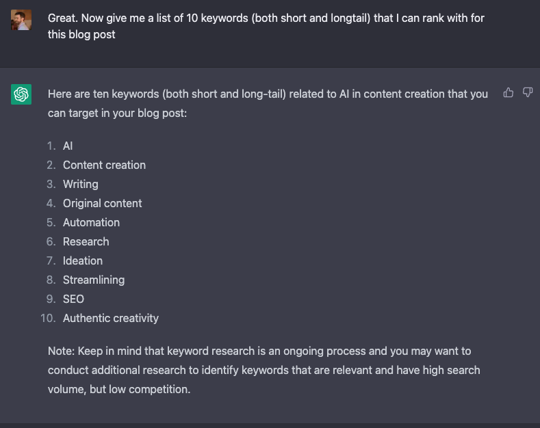 Creating a keyword list using ChatGPT