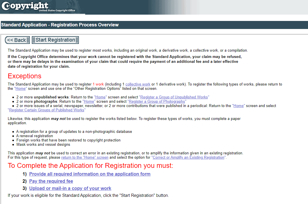Copyright Office form start page