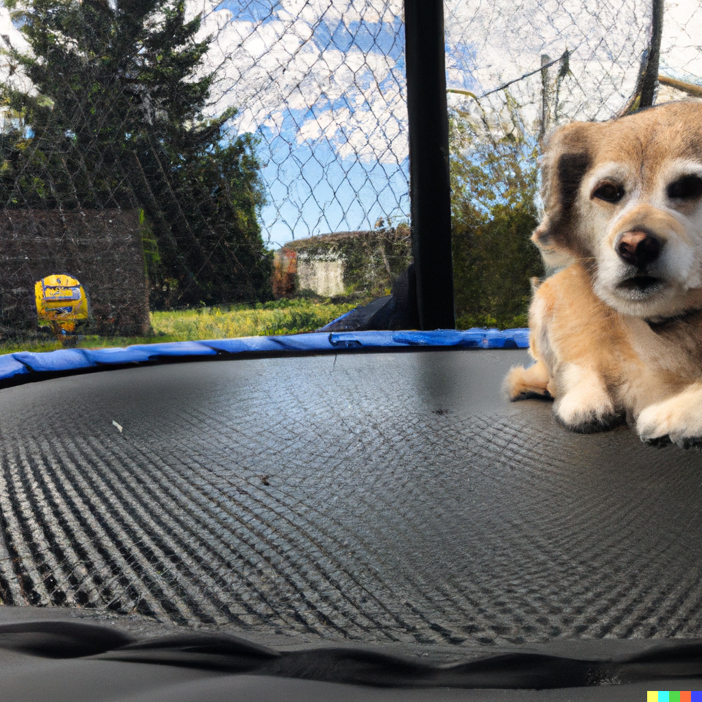 Image of a dog on a trampoline, created by the AI image generator Dall-E