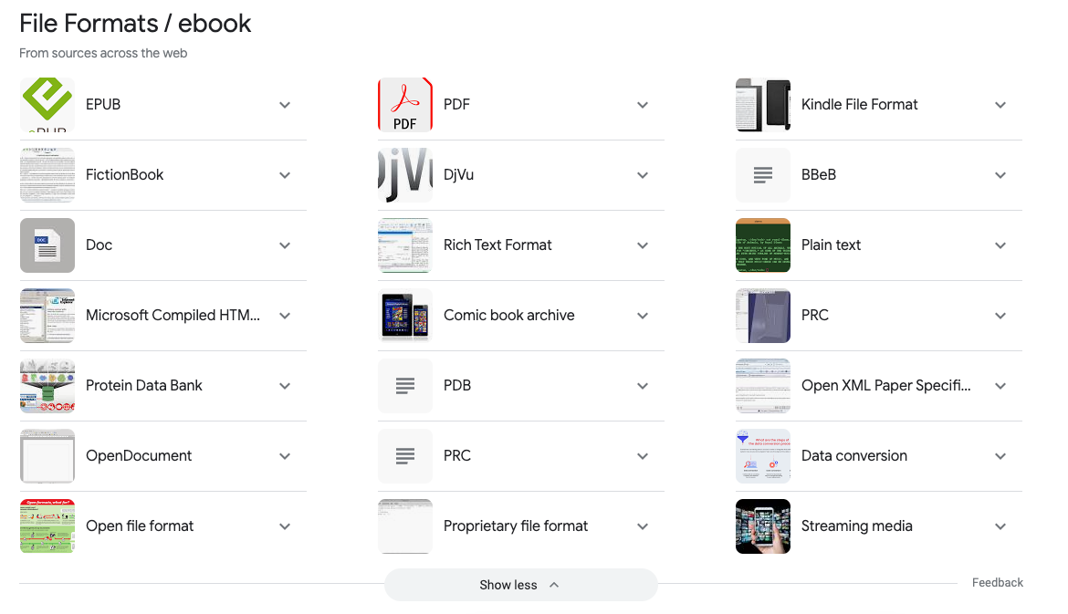 Search results for 'Ebook formats' from Google