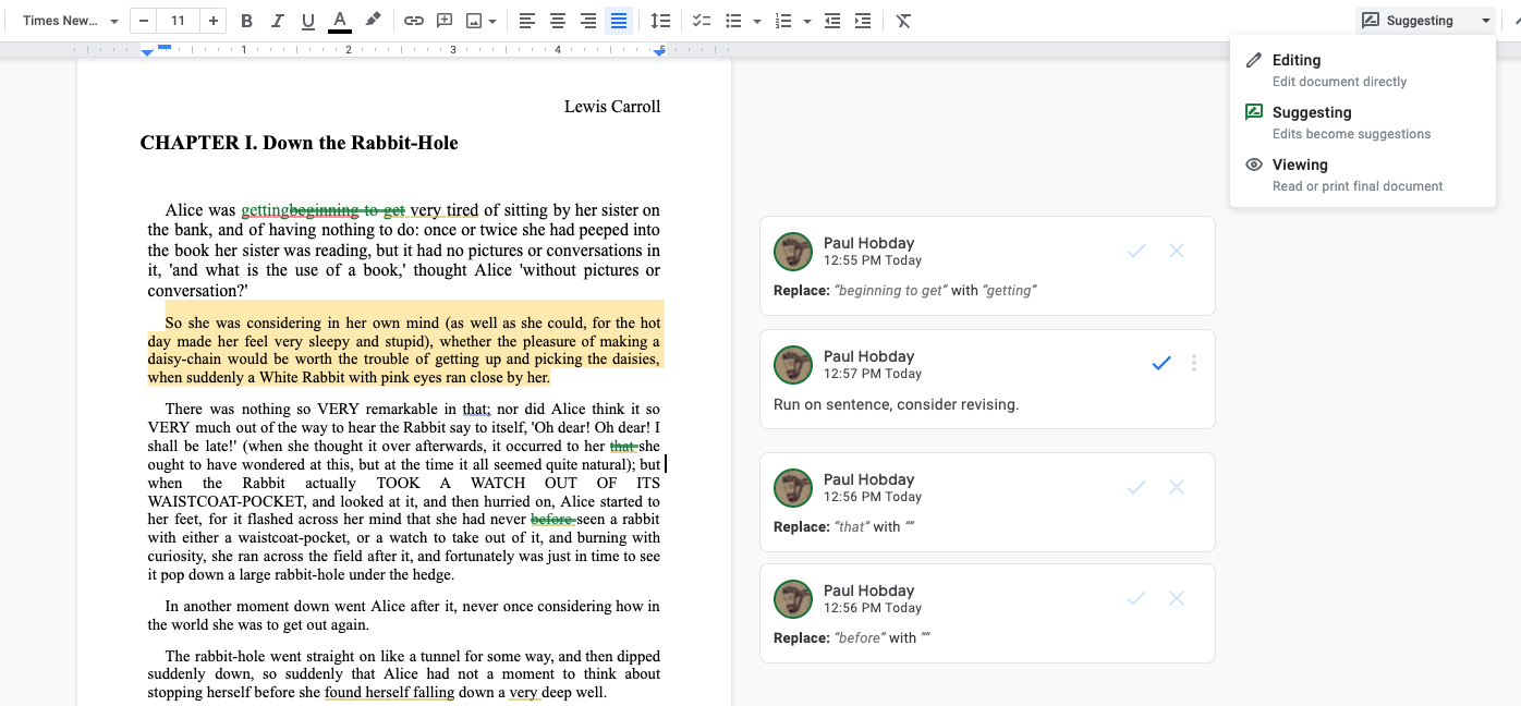 Google's track changes and editing suggestions