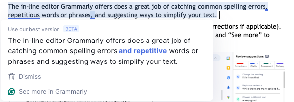 Grammarly's basic inline editor with corrections pop up