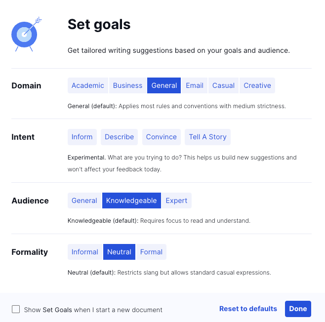 Setting goals in your Grammarly editor