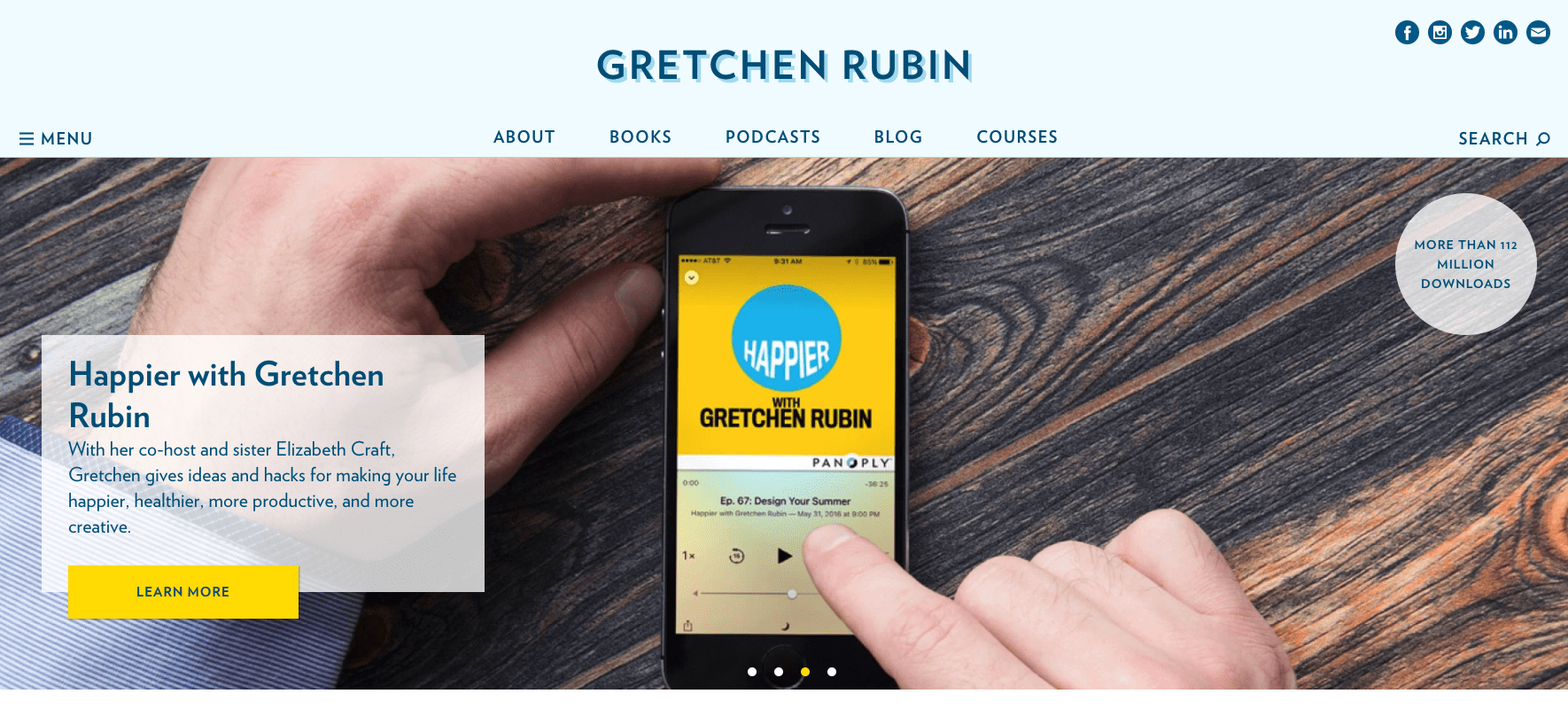 Gretchen Rubin's homepage using a carousel banner