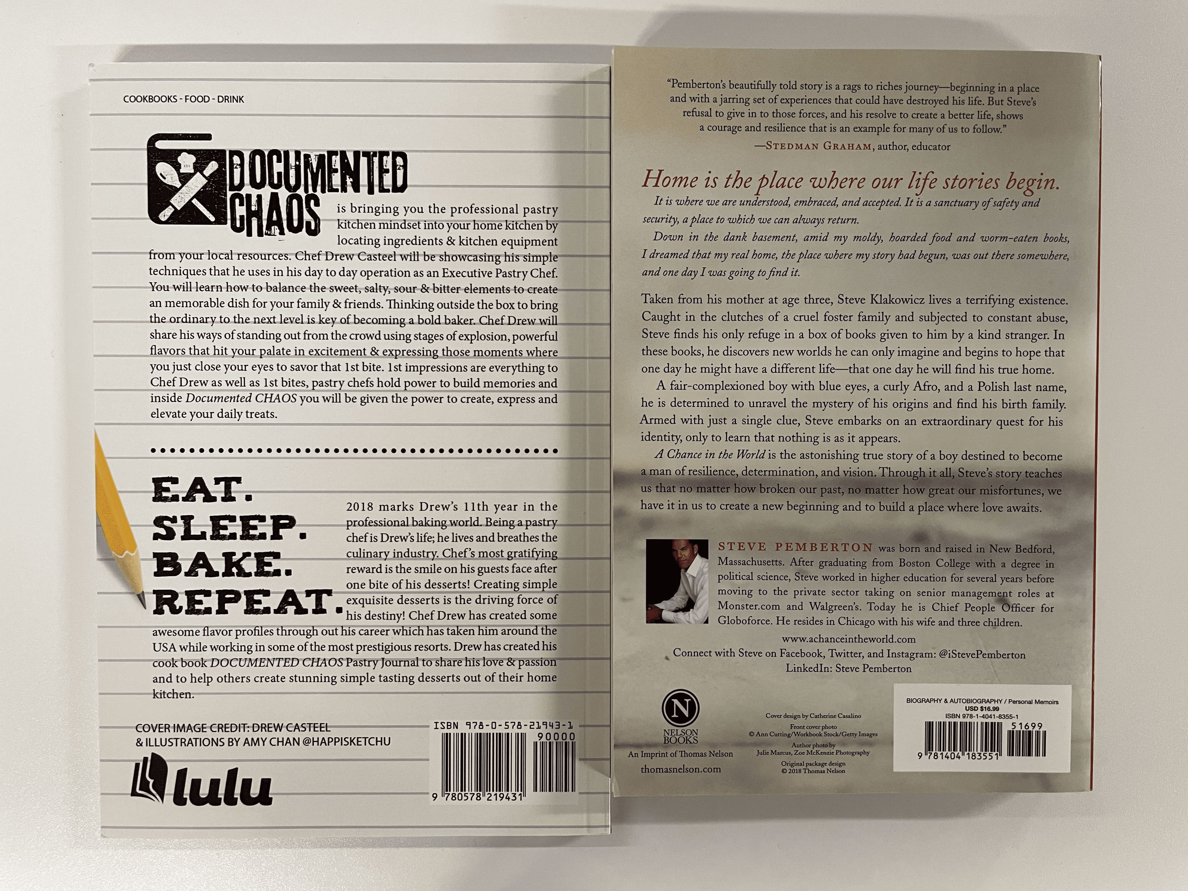 The back cover of a traditionally published book and a self-published book