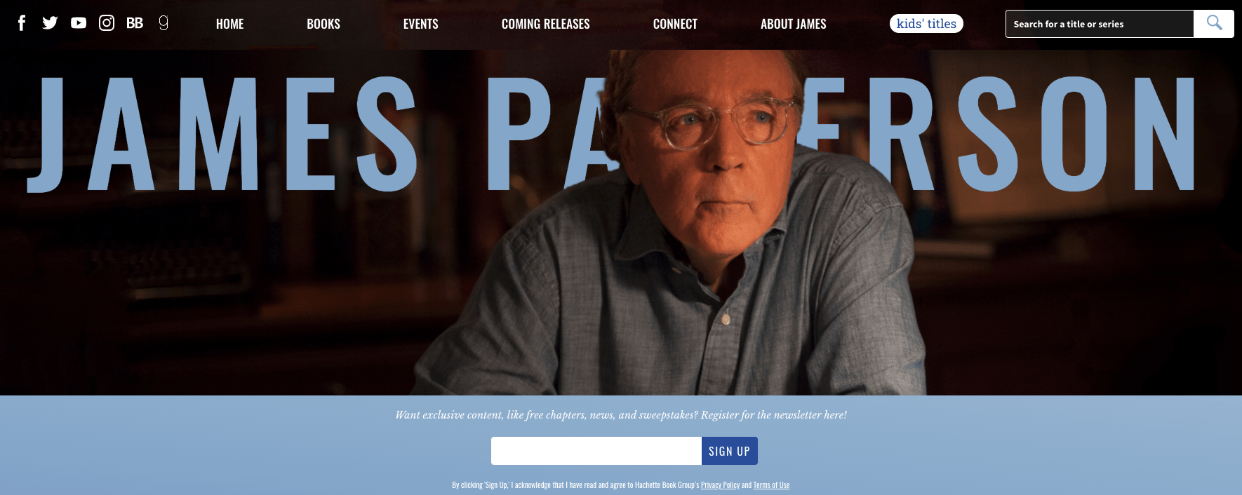 The homepage hero for James Patterson's adult fiction website