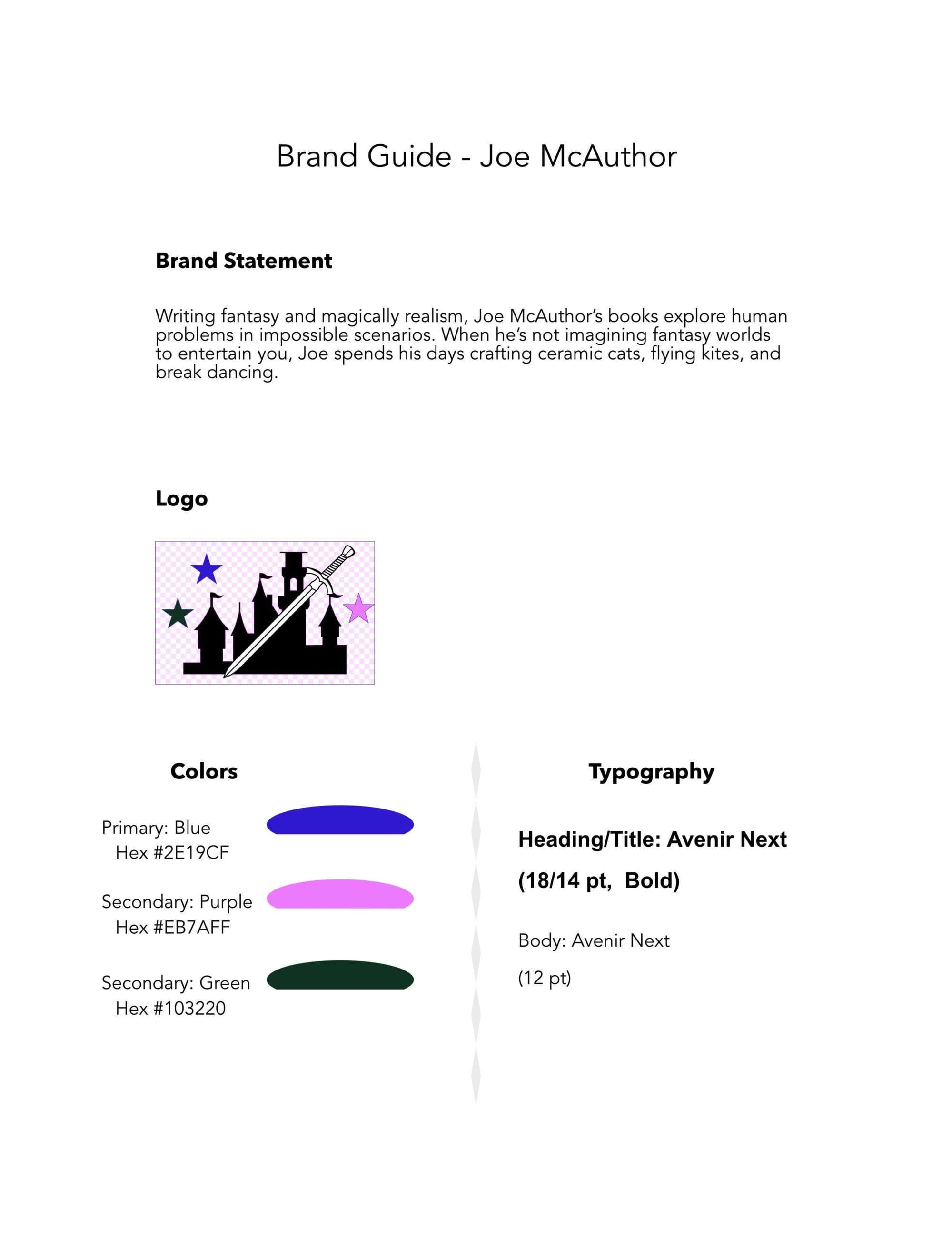 A sample author brand guide - one sheet reference for colors, fonts, and more