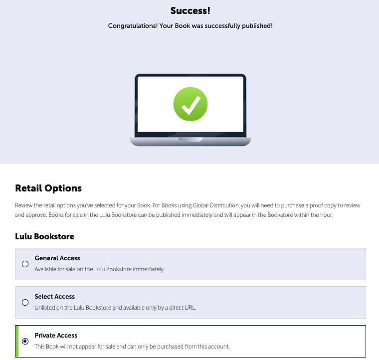 Post publication screen on Lulu showing how to select Private Access