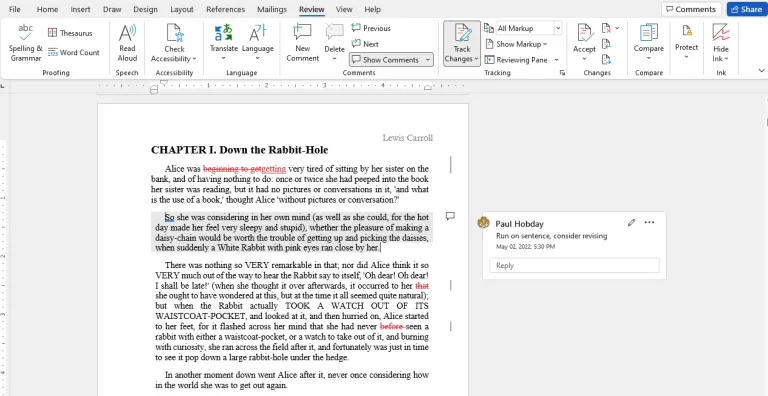 Tracked changes in Microsoft Word