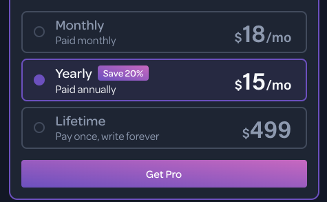 Pricing for Novlr available in monthly, yearly, or lifetime.