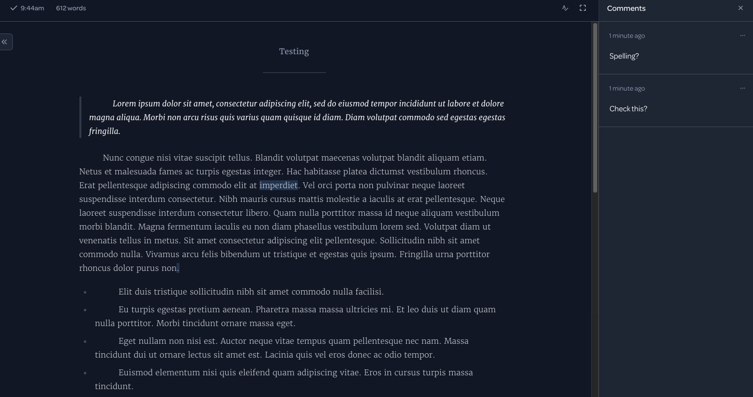 Lorem Ipsum text shown in the Nolvr word processor and editor.