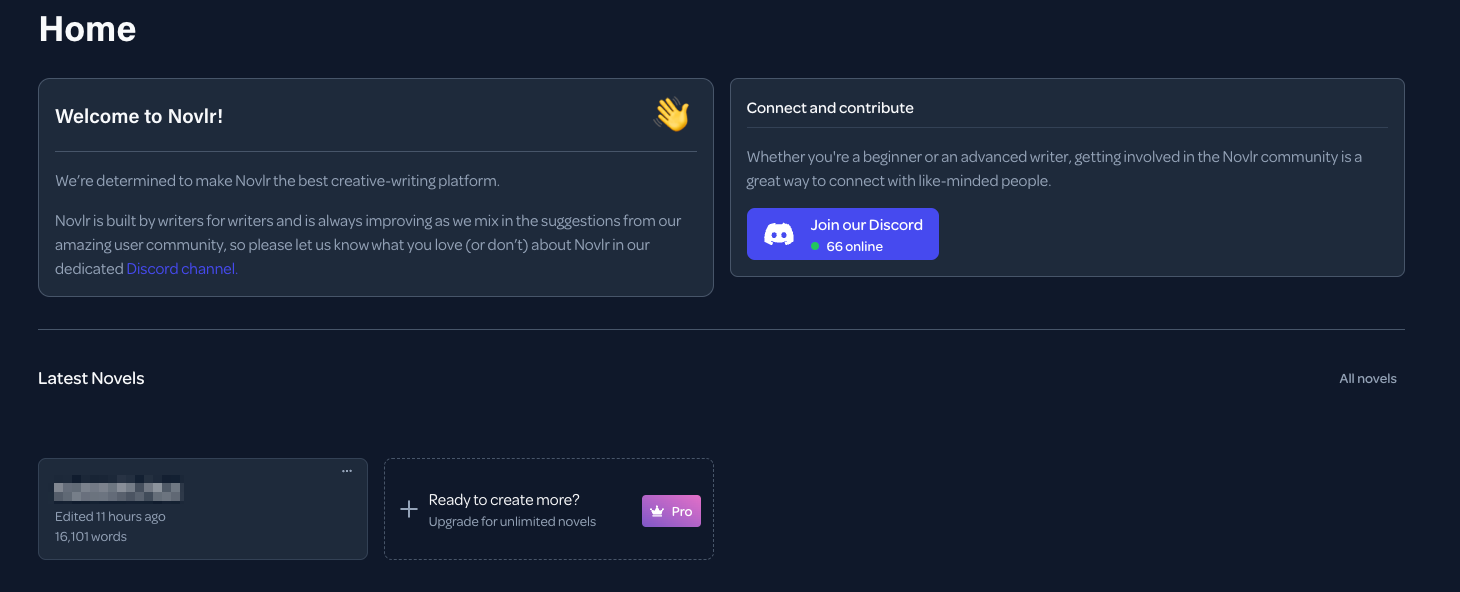 Novlr writing software dashboard, shown in dark mode