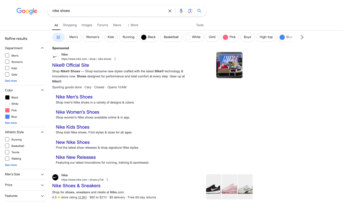 A search results page for products - resulting in paid ads