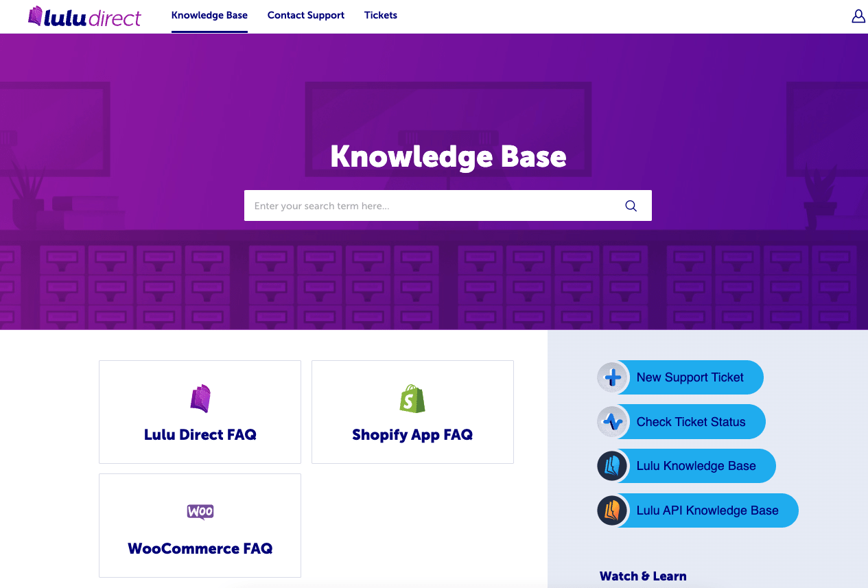 The Lulu Direct knowledge base home page