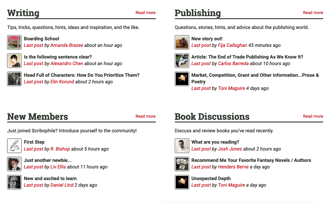 The Scribophile forums category list