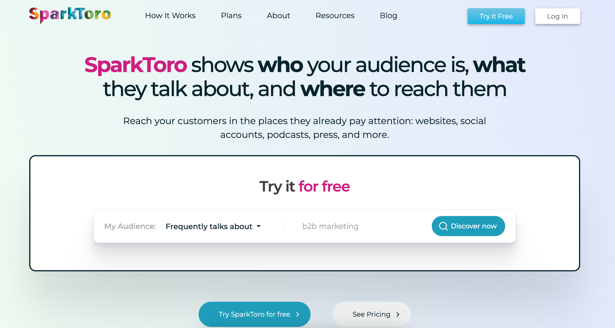 The Sparktoro homepage, featuring an effective call to action