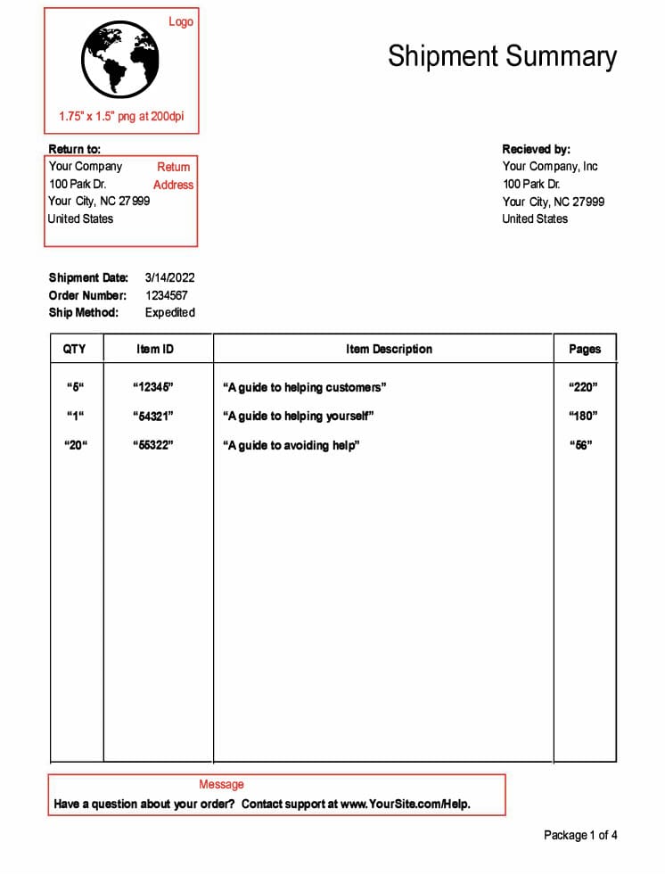 Sample shipping insert with customizable areas noted