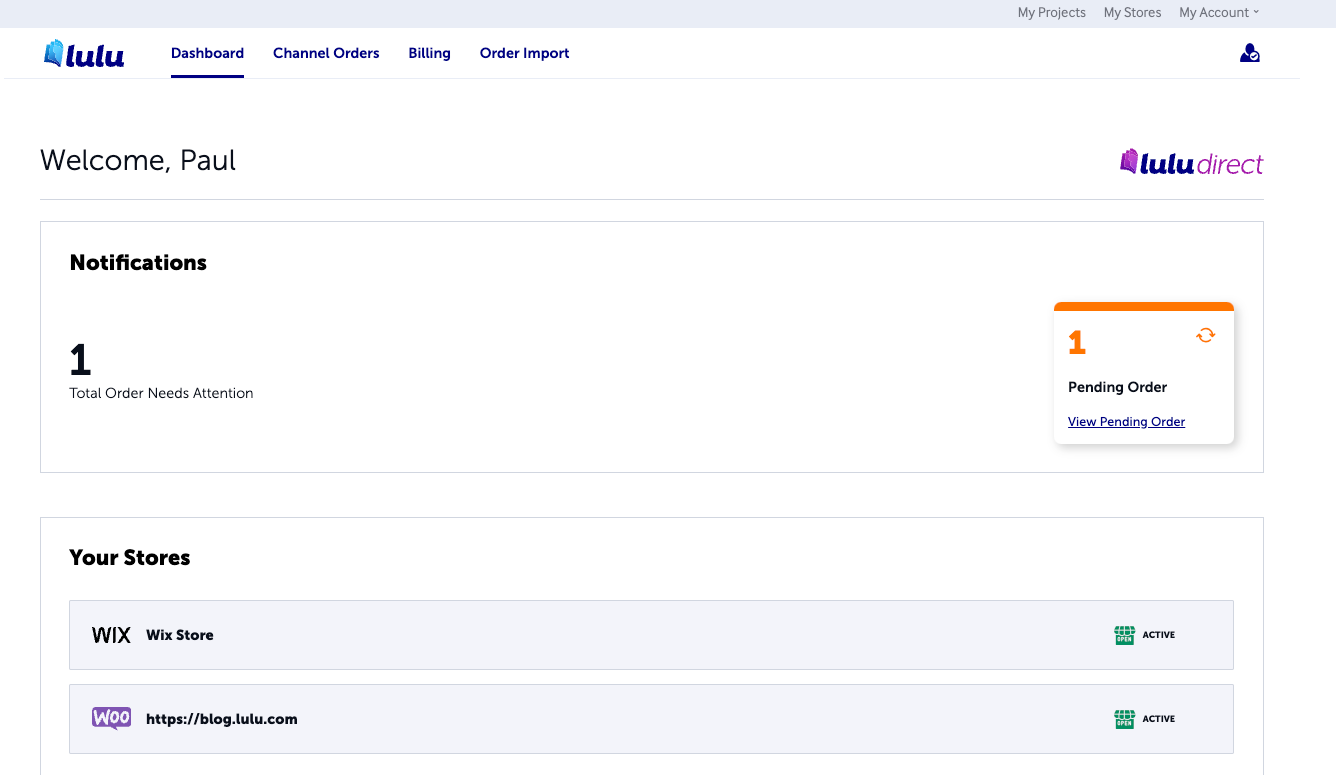 The Lulu Direct dashboard, featuring information about your account and access to your connected stores