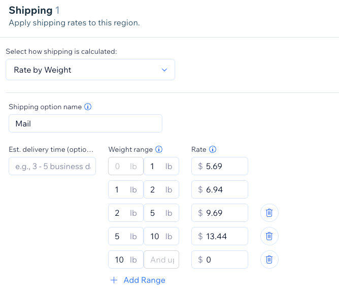 Examples of different quantity-based shipping costs in Wix