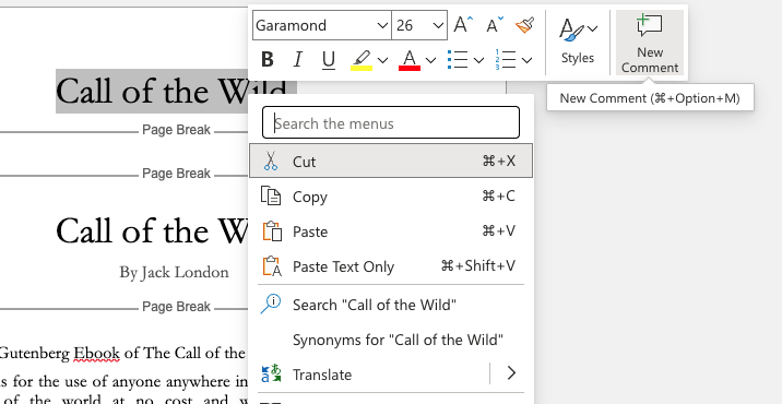 Word Online Comment Menu