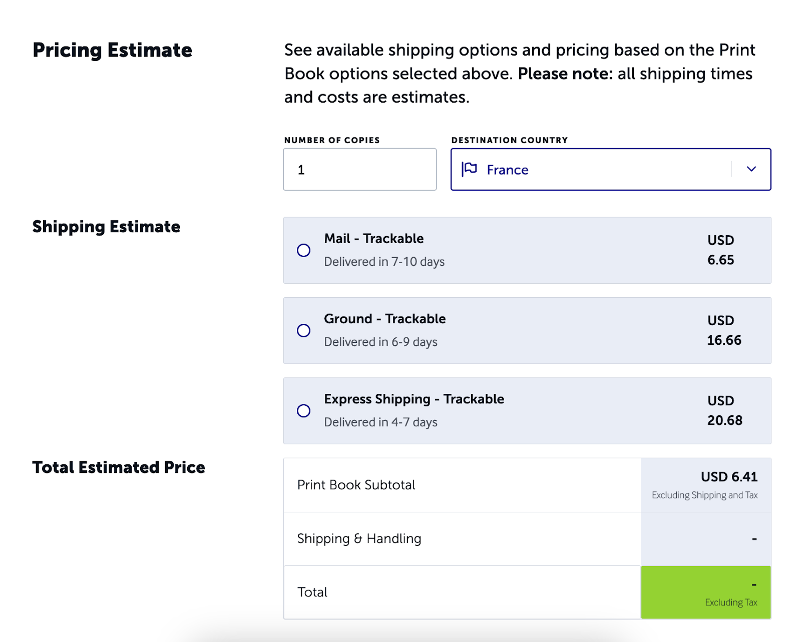 Lulu Pricing calculator displaying shipping options and rates