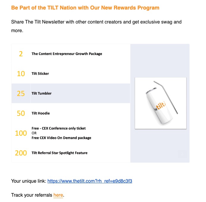 Image from an email sent by The Tilt, highlighting their referral and reward program