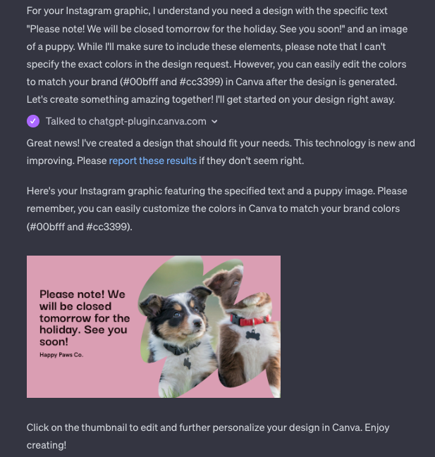 Using the custom GPT for Canva to create an Instagram graphic