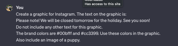 A prompt given to Canva's custom GPT to create an Instagram post