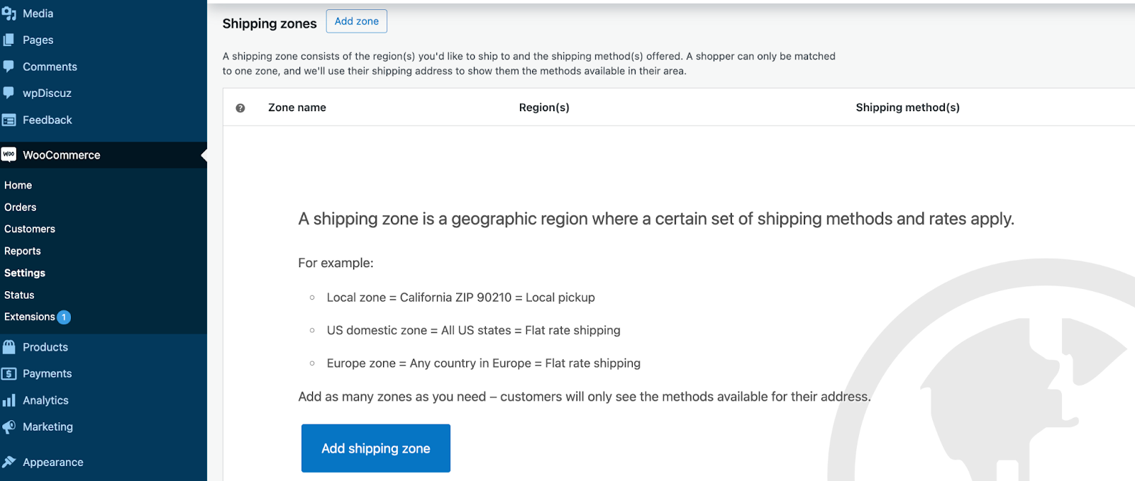 Your WooCommerce shipping zone information