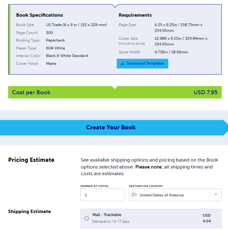 Using Lulu's pricing calculator to determine the print cost and shipping rates for your books