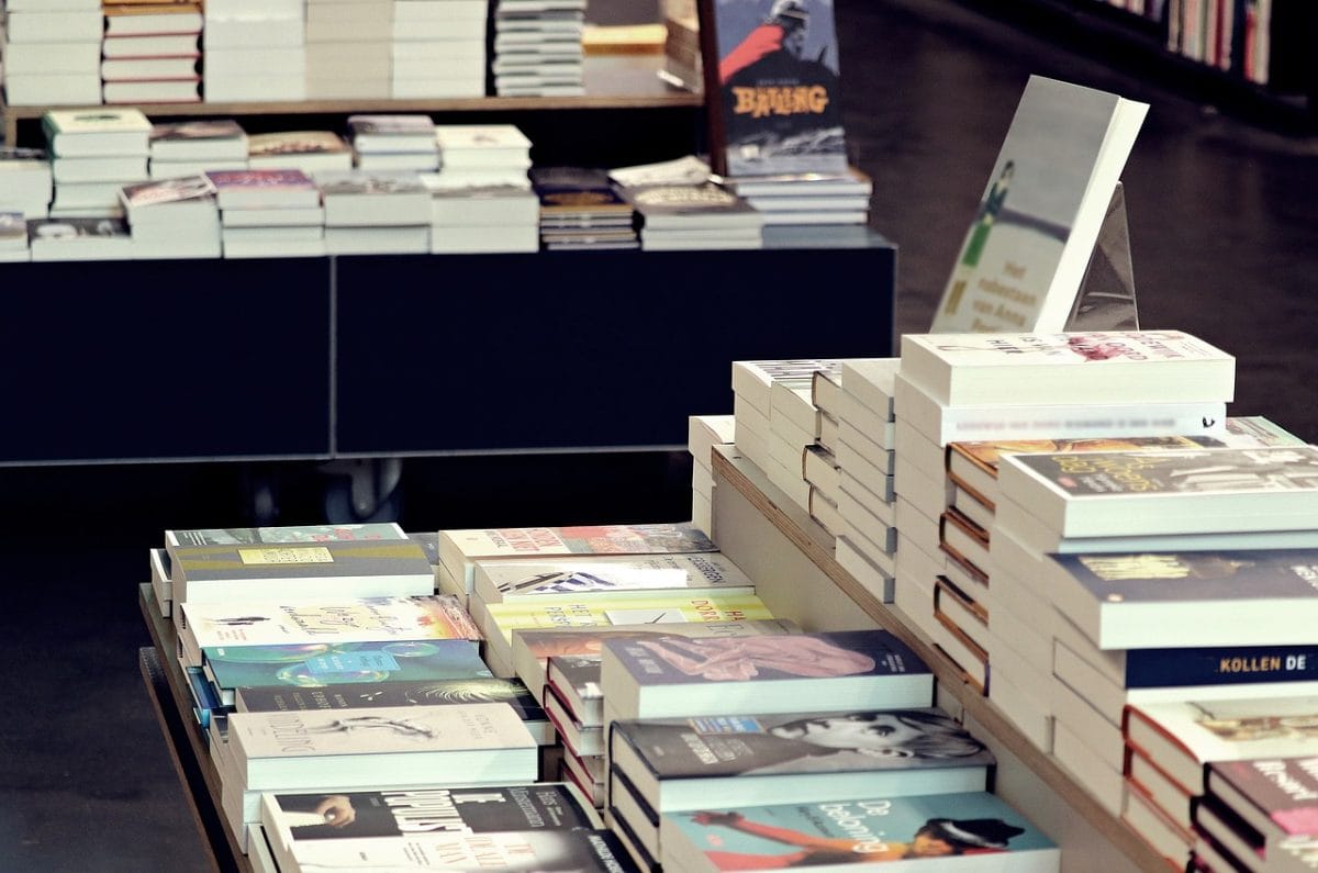 Stock image of books on a display table - from Pixabay