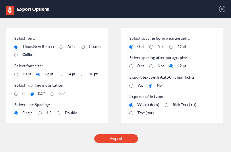 Autcrit's export options for your fully edited manuscript