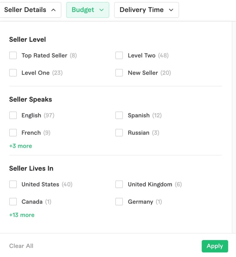 Using advanced search and filtering with Fiverr