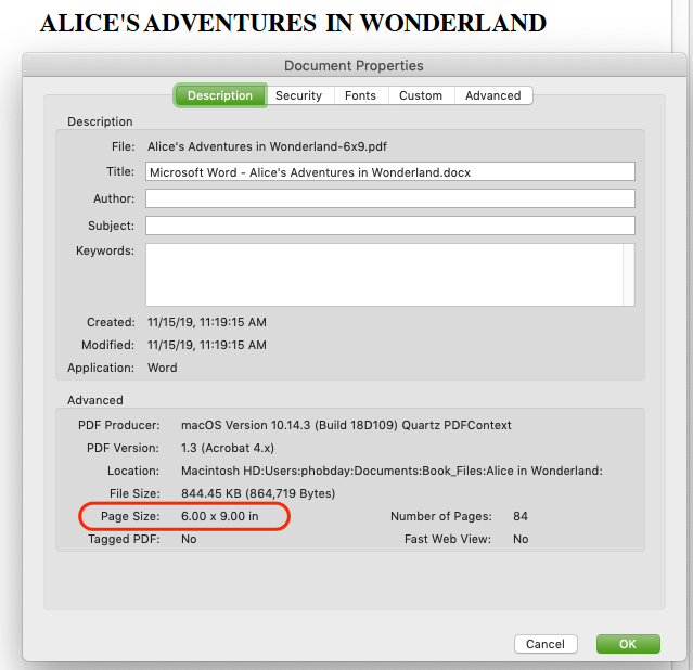 DOC to PDF Conversion Adobe Properties Size