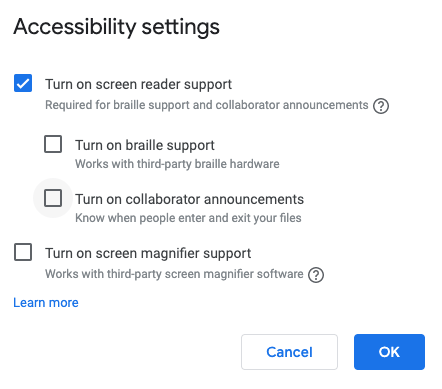 Allowing Google Docs access to enable text-to-speech features