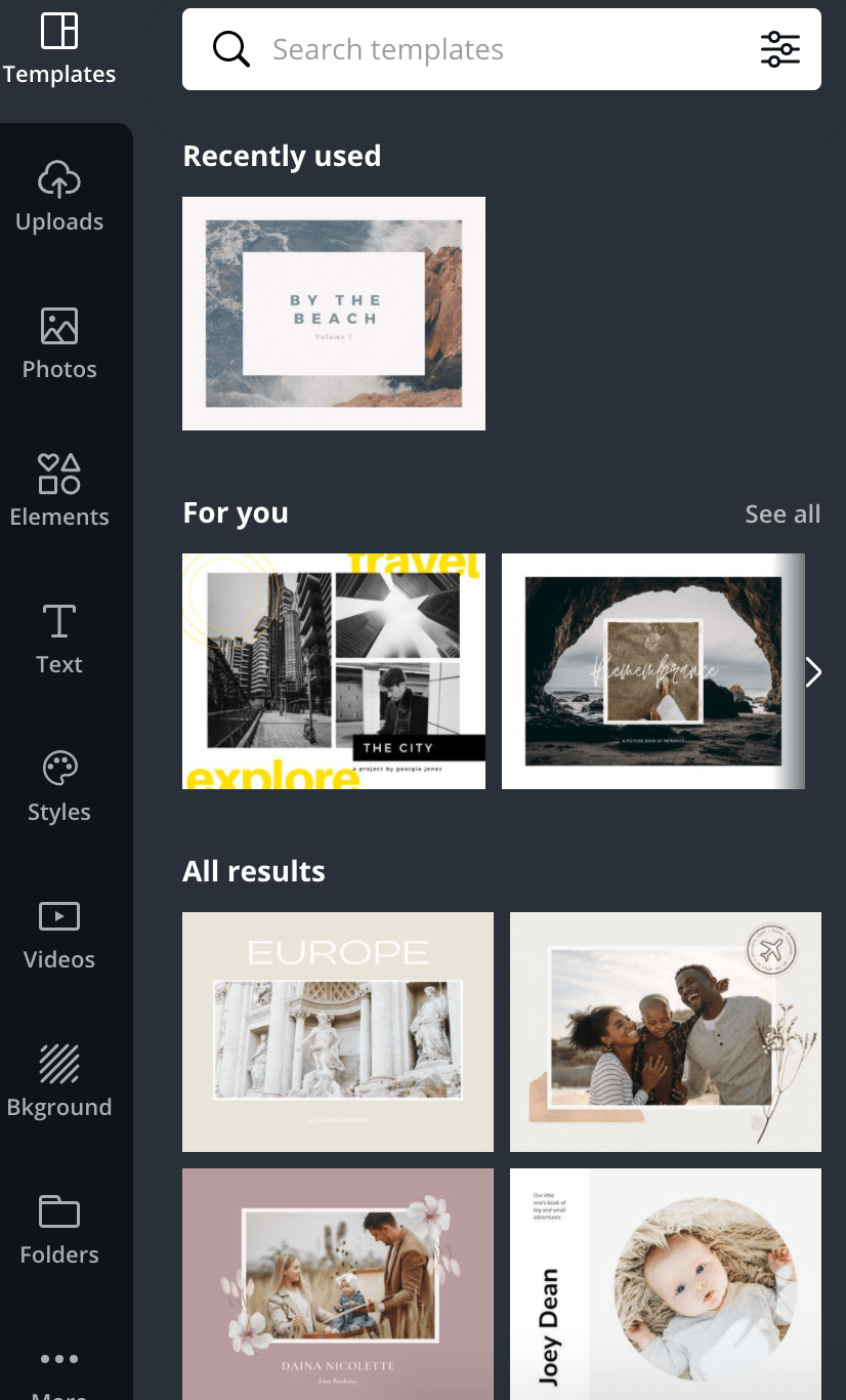 Search Canva templates and other elements
