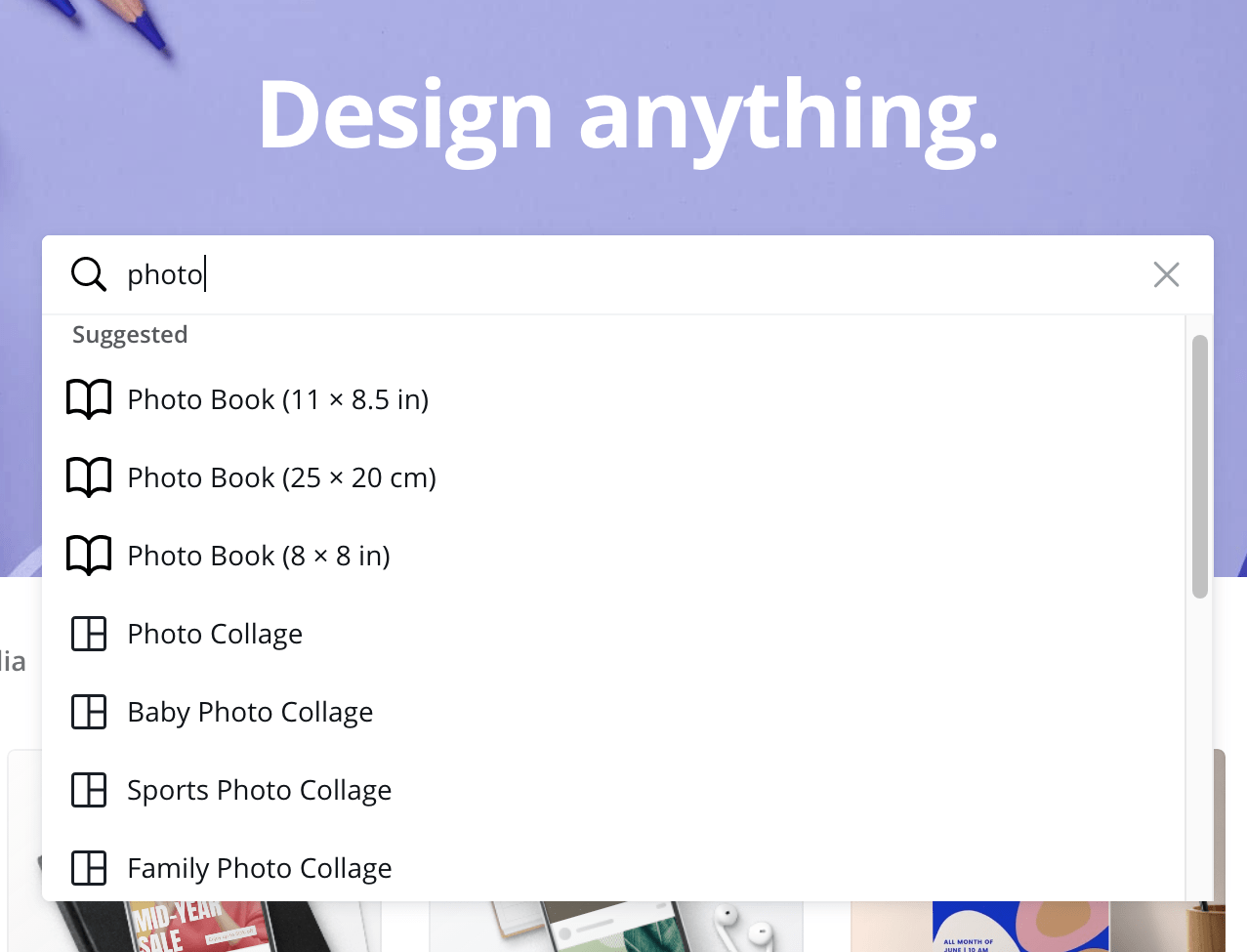 Canva's quick search for Photo Book templates
