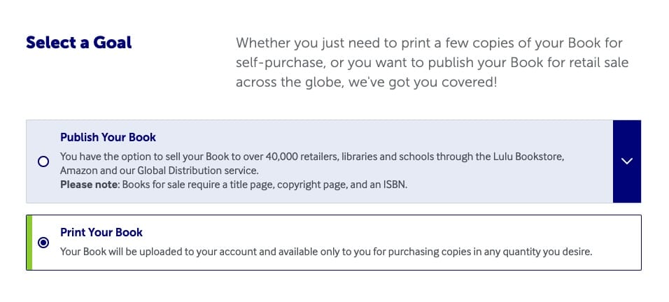 Select the option to print a book without making it available for sale to the public