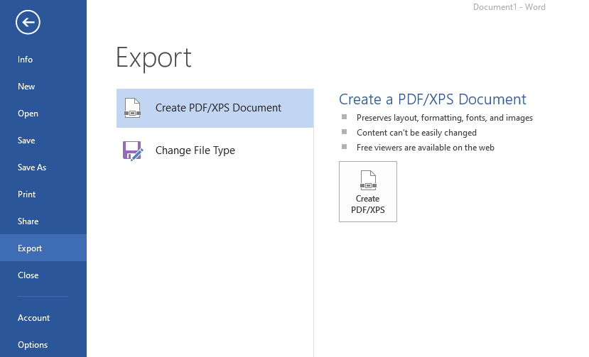 MS Word Export to PDF Menu