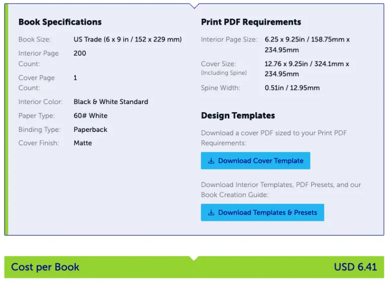 Estimated print costs for a US Trade book