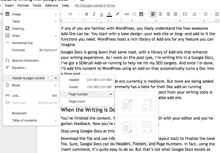 Adding page numbering in Google Docs with limited options