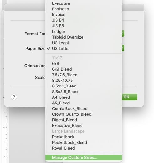 Selecting custom page sizes in MS Word