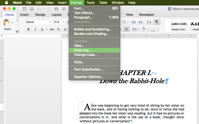 MS Word Format Menu to Drop Cap Menu