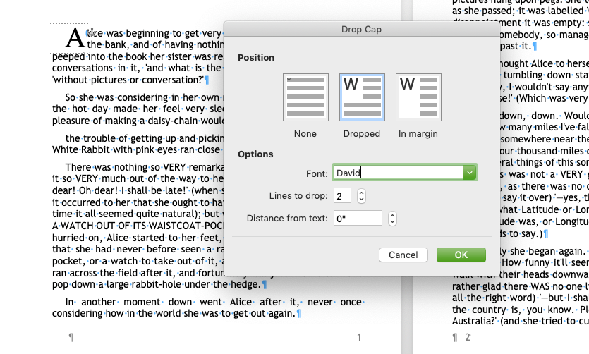 MS Word Drop Cap menu with options for creating a Drop Cap