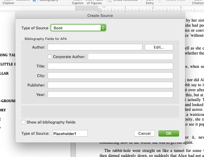 MS Word basic citation tool for nonfiction book formatting