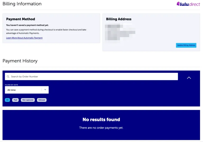 Billing and Payment information stored in Lulu Direct